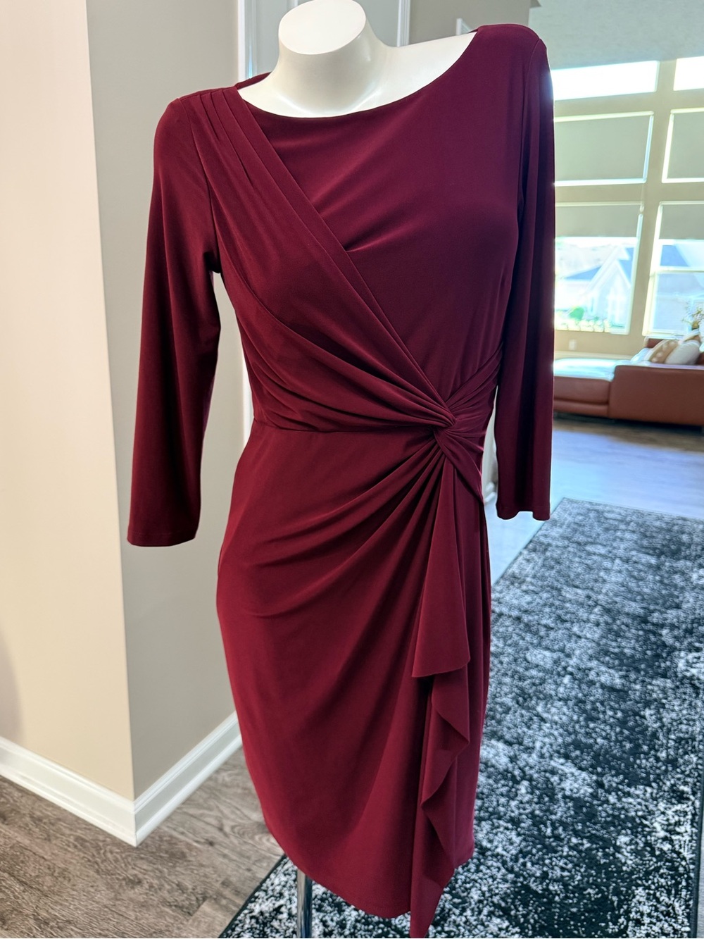 Lauren Ralph Lauren Wine Faux Wrap Side Knot Sheath Dress Sz 8 Lined